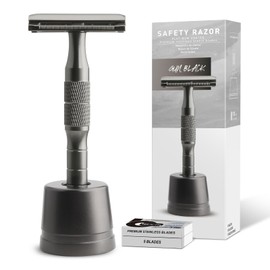 Reusable Safety Razor, Single Blade Razors for Men, with 10 Platinum Coated Double Edge Razor Blades, Beginner Friendly DE Razor, Free of Plastic, Gun Black Razor with Stand