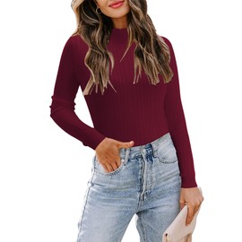 LAISHEN Women's Mock Turtleneck Lightweight Stretchy Long Sleeve Pullover Fitted Cable Knit Sweater(Dark Red,XL)