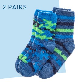 Boys 2 Pairs Fluffy Snuggle Socks Cosy Bed Socks Non Slip Camo Striped Designs Blue 12.5-3.5