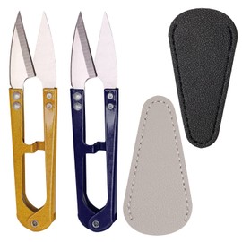 2Pcs Multicolor Mini Sewing Scissors Clipper 2Pcs Leather Scissors Sheath Cover Small Embroidery Thread Thrum Yarn Trimming Nipper U-Shaded Craft Cross Stitch Scissor (Dark Blue/Yellow)