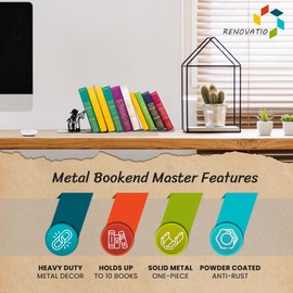 Renovatio Black Metal Bookend – Cute, Unique, Geeky Decor for Home, Office & Kids Room – Heavy Duty, Non-Slip Minimalist Bookends for Shelves – Master