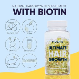 Moerie Hair Growth Supplement for Women & Men - Hair Skin and Nails Vitamins With Biotin, Q10 & Minerals - For Thicker, Fuller Hair & Hair Loss Treatment - Advanced Beadlet Delivery System - 180 Pills