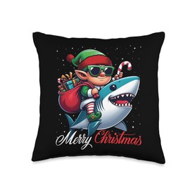 Merry Christmas Elf Riding Shark Funny Xmas Boys Girls Kids Throw Pillow