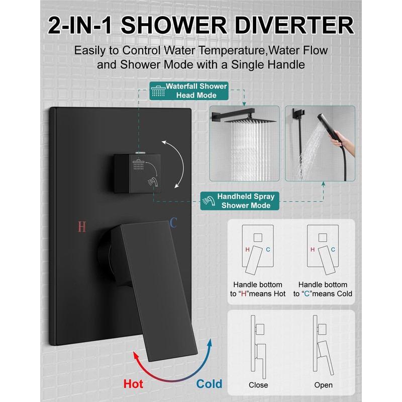 GBBNE Shower Faucet Set 8-Inch Rain Shower System Matte Black