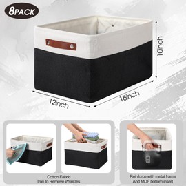 Uiifan 8 Pack 16 x 12 x 10 Inch Large Storage Baskets Collapsible Fabric Storage Cubes Bins with Handles for Shelves Closets Nursery Home Clothes Toys Organizers, Black