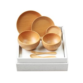 Fujishiro Kogei Wooden Beginning Eating Children's Dinnerware Set, 7-Piece Set, Baby Shower Celebration (Set of 7)