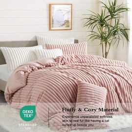 Erwinmu Fluffy Duvet Cover Set Queen Size Pink,Faux Rabbit Fur Plush Fuzzy Furry Bedding Set with Stripped Pattern,Shaggy Winter Warm Comforter Cover with Zipper Closure and 2 Pillow Shams