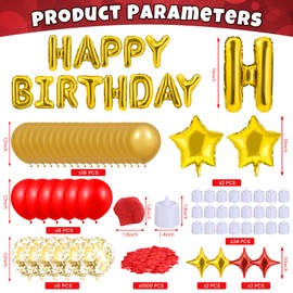 Peconal Gold Happy Birthday Balloons Decorations Red and Gold Birthday Balloon Letters Banner with 6 Pcs Star Balloons Red Artificial Rose Petals 24 Flameless LED Candles for Room Golden Bday Party Supplies