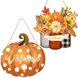 Amyhill 2 Pcs Lighted Fall Welcome Sign for Front Door LED Wood Pumpkin Maple Leaf Hanging Decor Thanksgiving Wooden Door Decorations for Autumn Harvest Farmhouse Home Porch