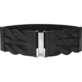 BlackButterfly 3 Inch Wide Waspie Elastic Vintage Braided Buckle Waist Belt (Black, US 10-12)
