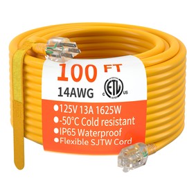 HUANCHAIN 100 ft 14/3 Gauge Heavy Duty Outdoor Extension Cord Waterproof with lighted, Flexible Cold Weather 3 Prong Electric Cord Outside, 13A 1625W 125V 14AWG SJTW, Yellow, ETL Listed