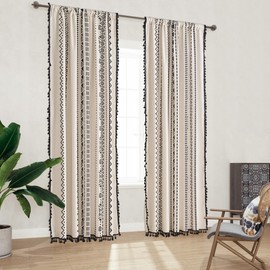 Boho Curtains with Black Geometric Pattern Bohemian Window Treatments with Tassels Fringe for Kitchen Bathroom Light-Filtering Privacy Cotton Drapes, Rod Pocket, 59''W x 63''L, 2 Panels
