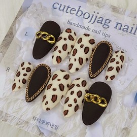 Chain Leopard Matte Handmade Nail Tips - Oval M / 체인 레오파드 무광 수제네일팁 - 오벌M
