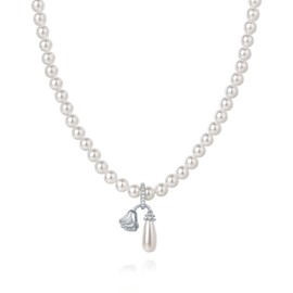 Womens Pearl-Strands Rose-Flower Pendant Necklace - 5MM AAA Pearls Choker Wedding Christmas Jewelry