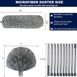 20 Ft+ High Reach Cobweb Dusting Kit with 3-14 Ft Extension Pole/Spider Web Brush & Ceiling Duster Microfiber Feather Duster with Washable Head for Cleaning Ceiling Fan, Furniture, Home