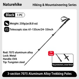 Naturehike 1Piece 7075 Aluminum Trekking Pole, Retractable Lightweight Hiking Pole with Wristbands and EVA Grips, Trekking Pole for Mountaining, Backpacking, Walking, Trekking (Black, 61-135cm)