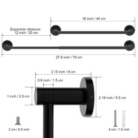 Adjustable Single Bath Towel Bar 16 to 27.6 Inch, ZUEXT Oil Rubbed Black Stainless Steel Towel Holder Hanger, Expandable Wall Mount Towel Rail for Bathroom Kitchen Washroom,1" Tube Towel Rail Racks