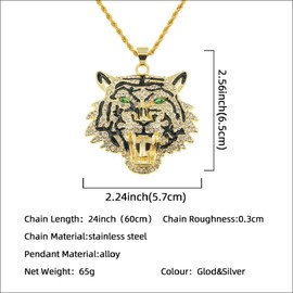 Tiger Necklace for Men, Hip Hop Tiger Necklace, Necklace with Green Eye and Tiger Head Pendant and 23.6 Inch Chain, Punk Rock Tiger Pendant, Nordic Viking Animal Tiger Necklace Jewellery, Stainless