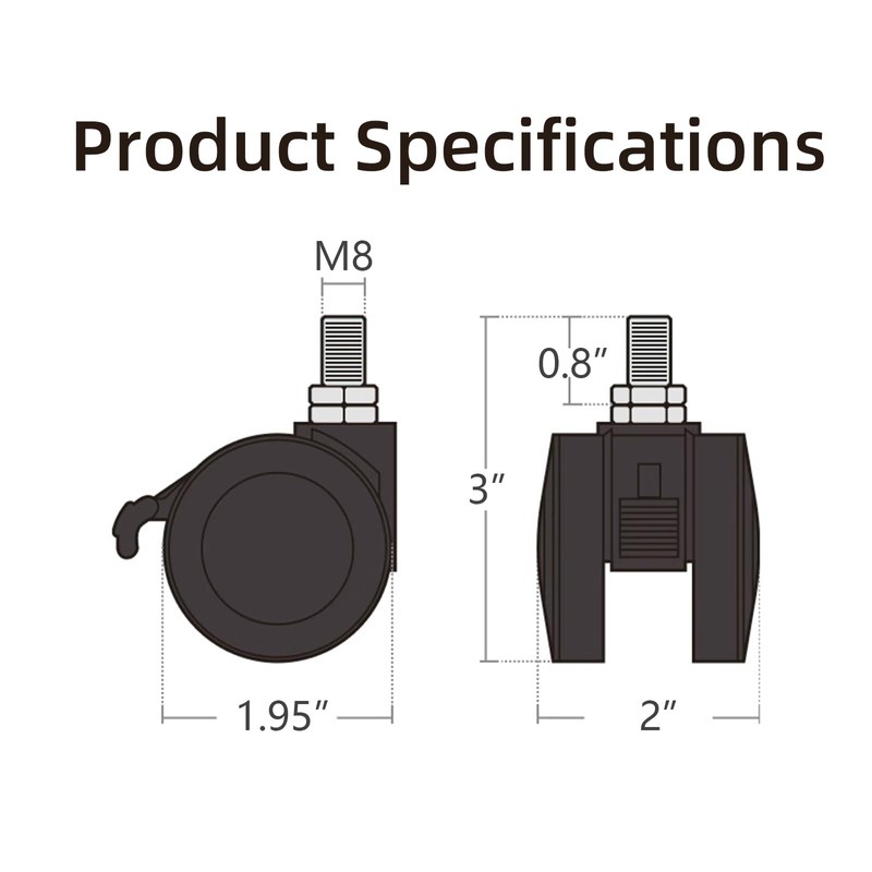 4-Pack 2" Locking Swivel Casters with M8 Threaded Stem (8x15mm),