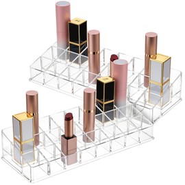 2-Pack 24-Slot Acrylic Lipstick Organizer, Lipstick Holder, Lip Gloss Holder, Cosmetic Storage Display, Perfect Storage Solution for Drawer and Vanity (Slot Size: 0.9" x 0.9")