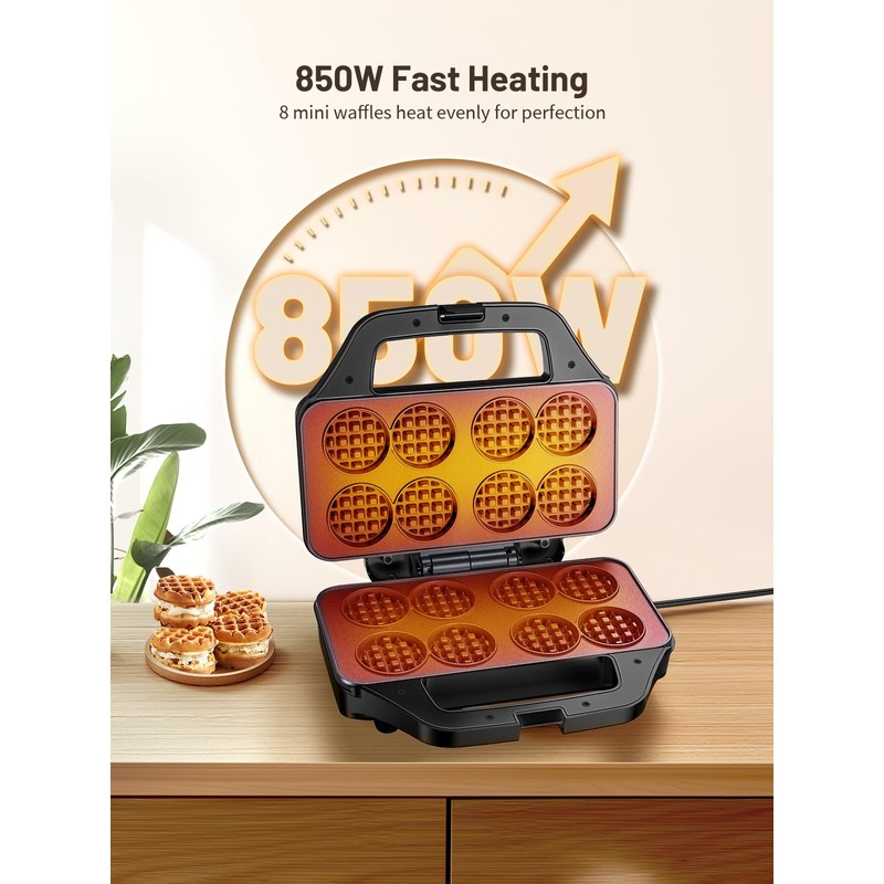 Mini Waffle Maker Machine, 8 Small Waffle Bites, Nonstick Waffle