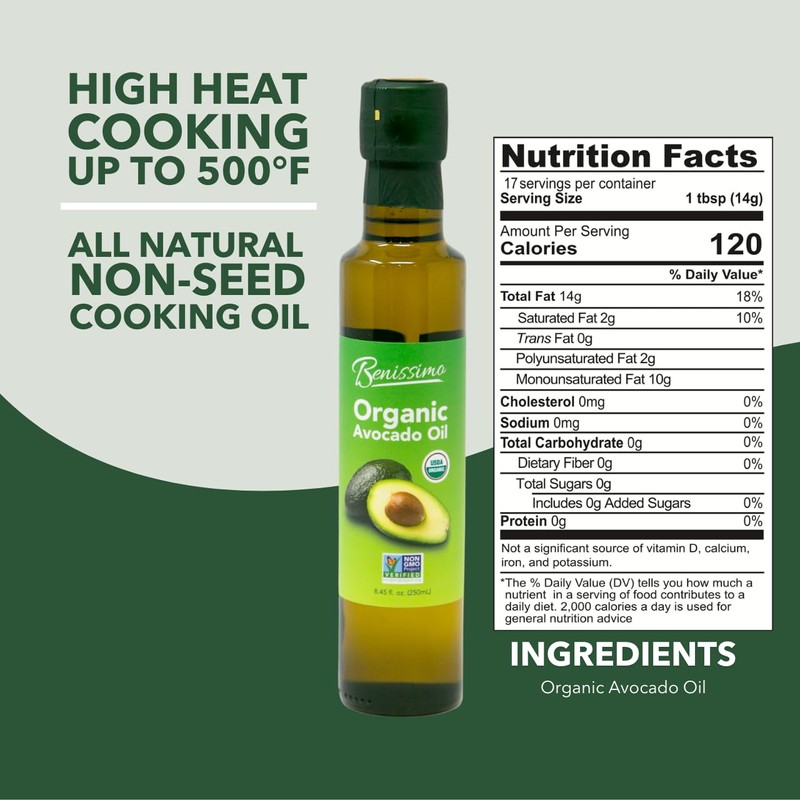 Benissimo 100% Pure Organic Avocado Oil, Allergen Free, Organic and