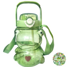 RAMAHP Kawaii frog straw bottle, frog water bottle with adjustable shoulder strap cute stickers, portable drinking cup for girls boys school office travel, green