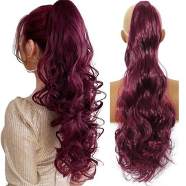 HENSLEELY Wavy Ponytail Hair Extensions Burgundy 18" Long Curly Claw Clip in Pony tail Extension Synthetic Hairpiece for Women(18Inch,900#)