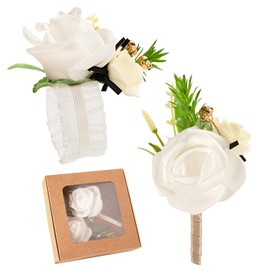 JDRGJTH 3 PCS White Rose Wrist Flowers,Boutonniere for Men and Packaging Box,Wedding Accessories for Brides,Corsage and Boutonniere Set for Wedding Flowers Ceremony Prom Party Accessories