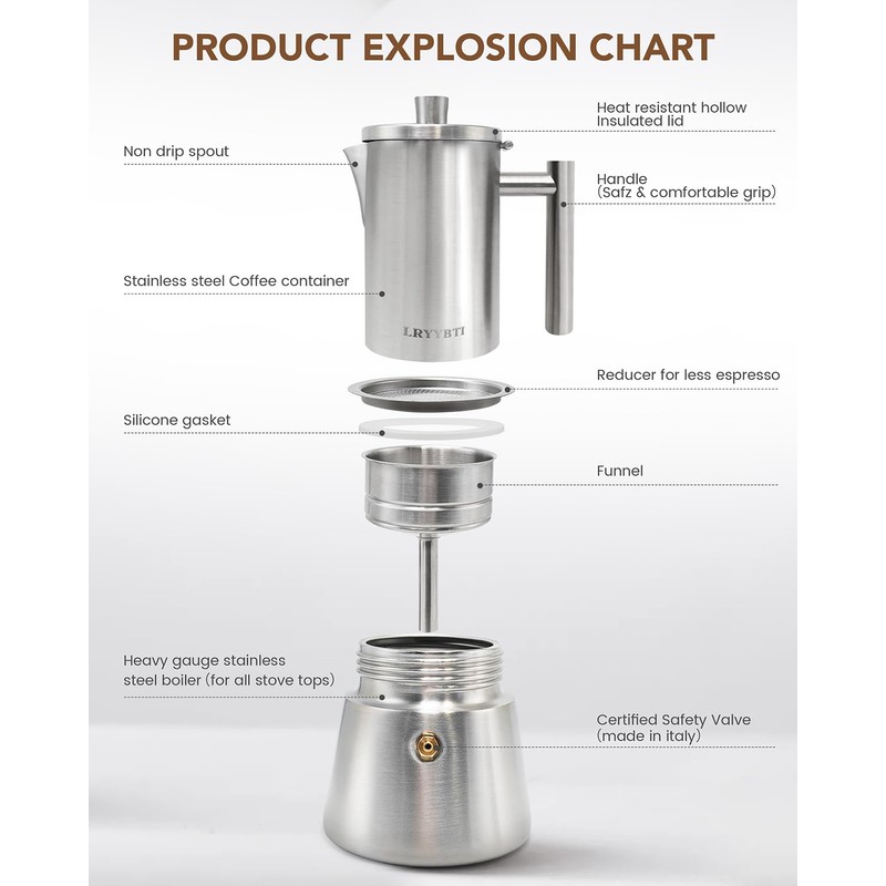 10oz 6 Cup Stovetop Moka Pot Food Grade Stainless Steel