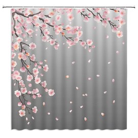 GIXKOXE Cherry Blossom Shower Curtain Pink Grey Blooming Floral Asian Japanese Watercolor Flower Branch Nature Plant Bathroom Decor Curtains Polyester with Hooks