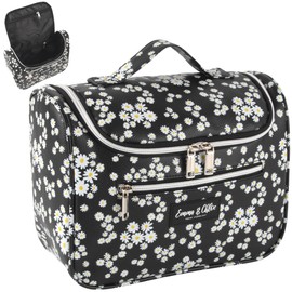 Emma & Chloe Large Cosmetic Case Makeup Organizer, Toiletry Bag for Women | 4 Section Waterproof Travel Make Up Organizing Bags (Delightful Daisies)