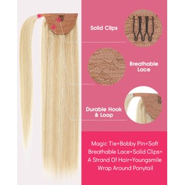 Youngsmile Human Hair Ponytail Extensions 14 Inch 65g Clip in Hair Extensions Ponytail Wrap Around Ponytail with Magic Paste Colour 27 Caramel Blonde with 60 Platinum Blonde (PT#27P60-14inch)