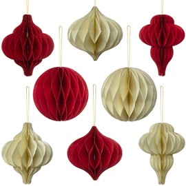 Premium Reusable Christmas Decorations - Christmas Tree Decorations / Xmas Home Decor - Paper Christmas Decorations Indoor, Vintage Christmas Decorations - Hanging Christmas Decorations (red, cream)