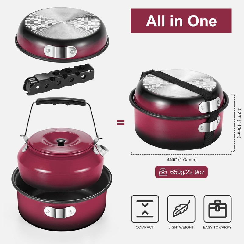 Odoland 5pcs Camping Cookware Mess Kit, Non-Stick Lightweight Pot Pan