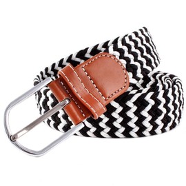 MESHIKAIER Unisex Elastic Fabric Braided Stretch Belt Casual Men Women Waist Belt with PU Leather Buckle (White Black)