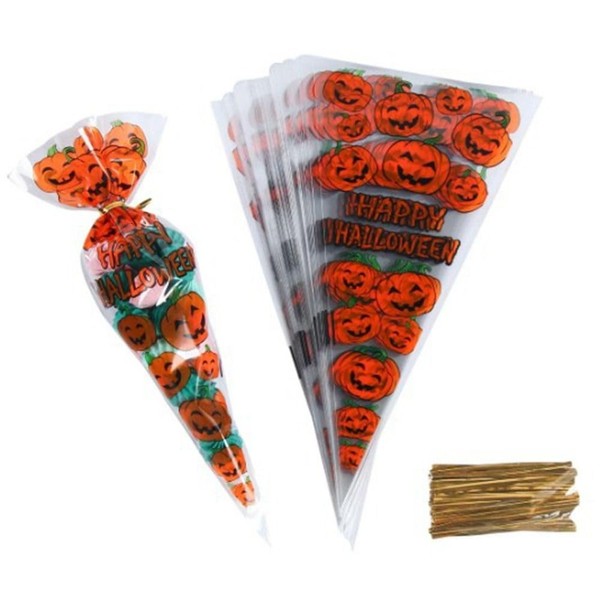 zaoalife Halloween Cellophane Treat Bags, 200PCS Pumpkin Pattern Cone Cellophane