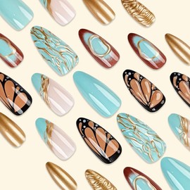 QQPPOLIU Press on Nails Almond Medium Uñas Nails with Butterfly and Striped Designs Fake Nails Glue on Nails for Women and Girls 24pcs