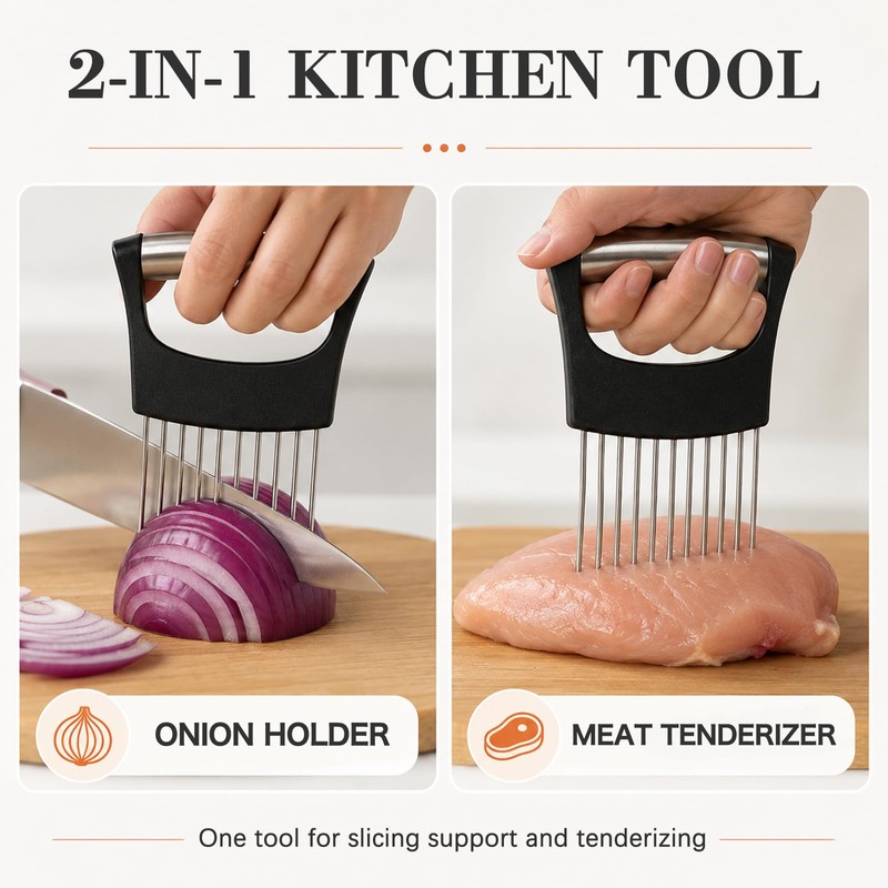 Stainless Steel Onion Holder for Slicing, 10-Needle Vegetable Cutter Guide