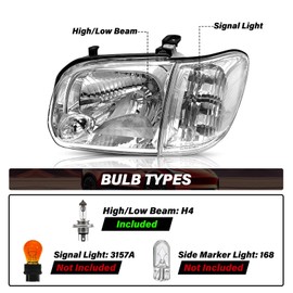 BRYGHT Headlight Assembly Fit for 05 to 06 Toyota Tundra & 05 to 07 Toyota Sequoia Double/Crew Cab 4-Door Left and Right Side Chrome Housing with Clear Reflector，w/Bulbs