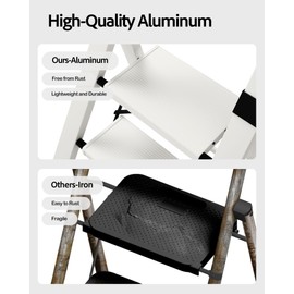 Taranta 3 Step Ladder, Lightweight Aluminum Step Stool with Convenient Handgrip, Folding Ladder with Anti-Slip Pedals, 330lbs Capacity Stepladder for Home, Office, Kitchen - White