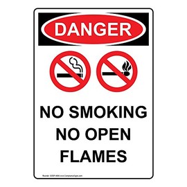 ComplianceSigns.com Vertical Danger No Smoking No Open Flames OSHA Safety Label Decal, 5x3.5 in. Vinyl 4-Pack for Hazmat