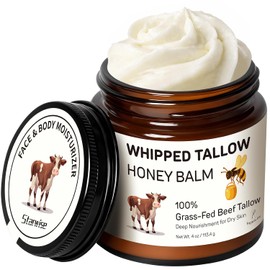 Beef Tallow for Skin, Grass Fed Whipped Tallow Honey Balm with Raw Honey, Shea Butter & Organic Jojoba Oil, Deeply Moisturizing Beef Tallow Face Cream & Body Balm for Dry, Sensitive Skin, 4 Oz