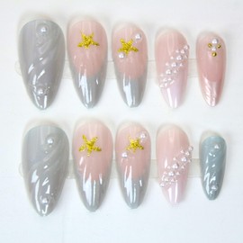 Almond Press on Nails Medium Fake Nails Blue White French Tip False Nails with 3D Stereoscopic Shell French Ombre Design Artificial Nails Gold Starfish Rhinestones Cute Stick on Nails for Women 24Pcs