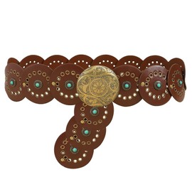 TOFBS Belt for Women Fashion Boho Turquoise Western Metal Belt Round Disc Wide Belt Adjustable Cowgirl Wide Jeans Dress Decoration, brown