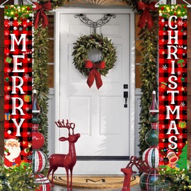 Avezano Christmas Decorations Merry Christmas Banner Red Buffalo Plaid Christmas Door Banner Xmas Santa Porch Signs for Christmas Decorations Indoor Outside