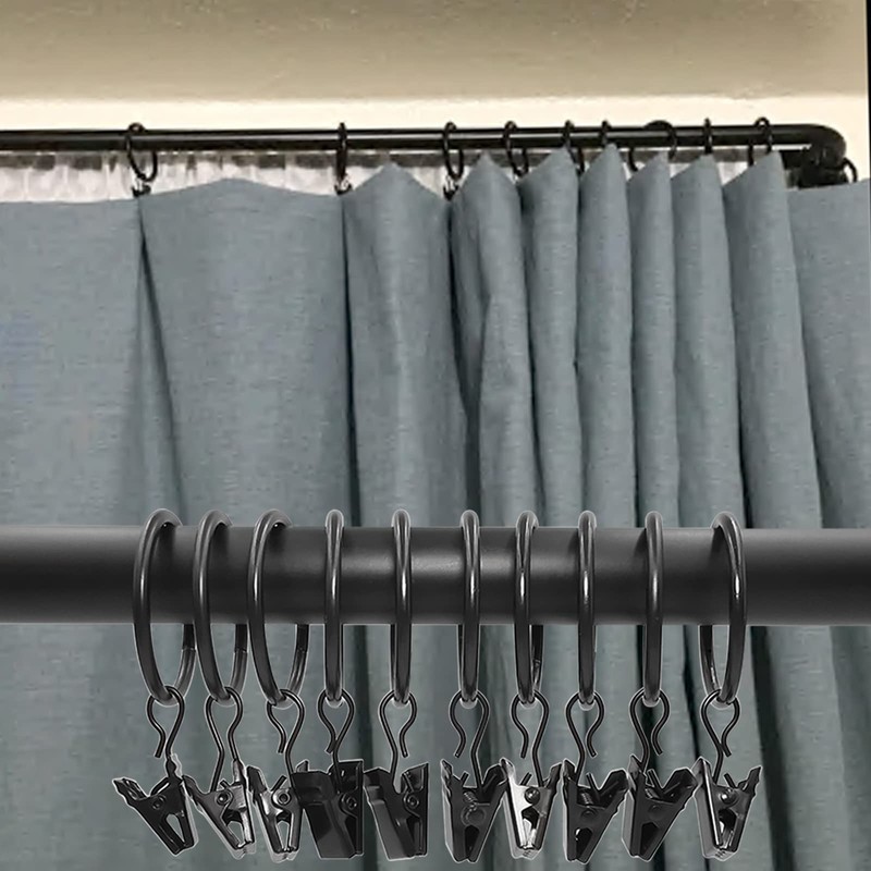 WeeksEight 40 Pack Black Curtain Rings with Clips, Curtain Hooks