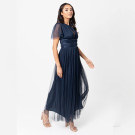 Anaya with Love Women's Midaxi Dress Women High Waist Keyhole Short Flutter Sleeve Crew Neckline for Wedding Guest Bridesmaids Prom Dress, navy blue