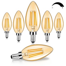 6-Pack Dimmable E12 LED Candelabra Bulbs 60W Equivalent, 2200K Amber Warm White, 600 Lumens B11 Candle Base 6W C35 LED Filament Vintage Light Bulbs, Amber Glass for Chandelier Ceiling Fan High CRI 90+