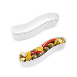 Restaurantware Swerve 6 Ounce Olive Plate 1 Curved Olive Tray - Large Chip Resistant White Porcelain Olive Canoe Dishwasher Safe For Snacks Condiments Or Appetizers